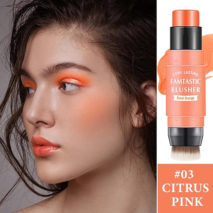 Cream Blush Stick,Blush Stick for Cheeks with Contour Brush,3-in-1 Long Lasting Waterproof Blush&Eye Shadow&Lip Gloss for Natural Skin Types（03 Citrus Pink）
