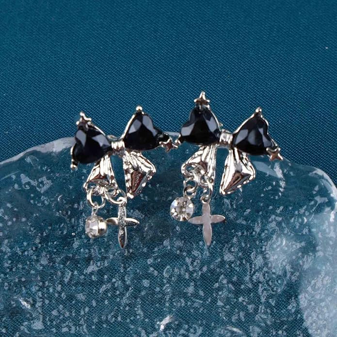 Vintage Crystal Bow Earrings Black Onyx Stud Earrings Silver Tiny Cross Drop Earrings Sparkly Cz Rhinestone Bow Earrings Jewelry for Women