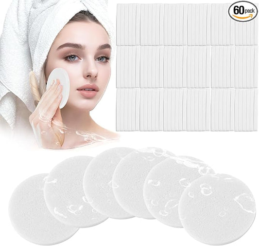 Compressed Facial Sponge,Reusable Makeup Blender 60 Count,Soft Round Wash Sponges for Estheticians Makeup Removal,Face Cleansing Exfoliating Compress Spa Pads for Women,White