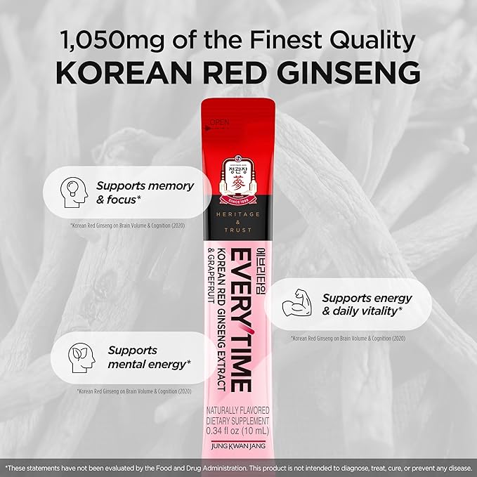 JUNG KWAN JANG Everytime Korean Red Ginseng Extract Stick 1,000mg & Grapefruit - Vegan Ginseng Root Energy Drink Liquid Stick Supplements - Builds Stamina & Immunity, No Caffeine (30 Sticks)