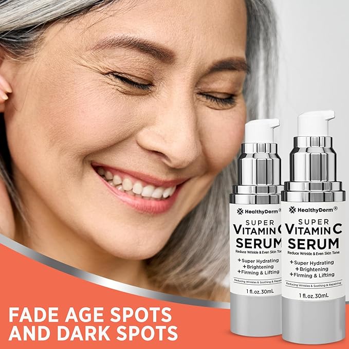 Super Vitamin C Serum for Women Over 70: Niacinamide, Vitamin C, Hyaluronic Acid, Peptides, Vitamin E, Caffeine, Bakuchiol, Hydrating, Lifting, Wrinkle & Age Spots Reduction Pack of 2