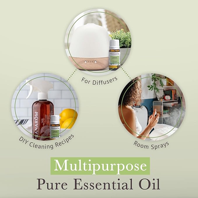 Pranarom USDA Certified Organic Lemon Essential Oil (15ml), 100% Pure Undiluted Therapeutic Grade from Argentina for Aromatherapy, Diffuser, DIY, Cleaning, Fresh Lemon Scent