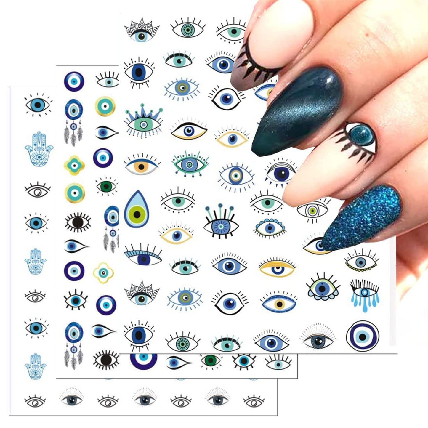 14 Sheets Evil Eye Nail Stickers, 3D Turkish Blue Eye Design Nail Art Decals, Self Adhesive Hamsa Hand of Fatima Manicure Decorations
