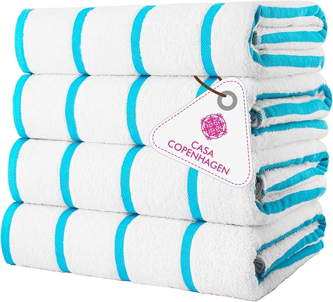 CASA COPENHAGEN Cabana Beach Towel Designed in Denmark Rough and Tough, Quick Dry, Pool, Bath & Shower 30x60 inches 4 Pieces Cotton Beach Bath Towels Set - White Teal Stripe