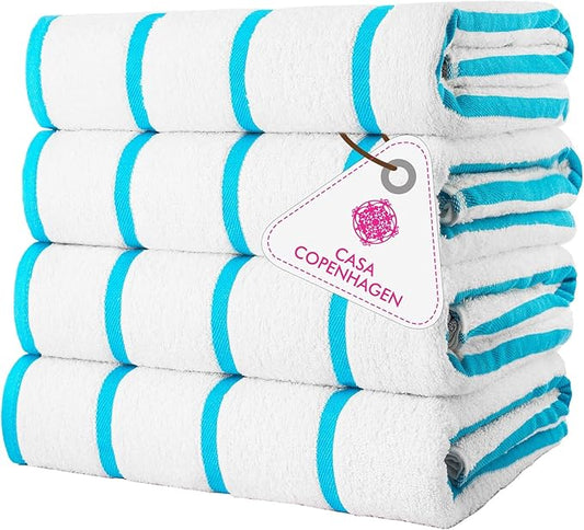 CASA COPENHAGEN Cabana Beach Towel Designed in Denmark Rough and Tough, Quick Dry, Pool, Bath & Shower 30x60 inches 4 Pieces Cotton Beach Bath Towels Set - White Teal Stripe