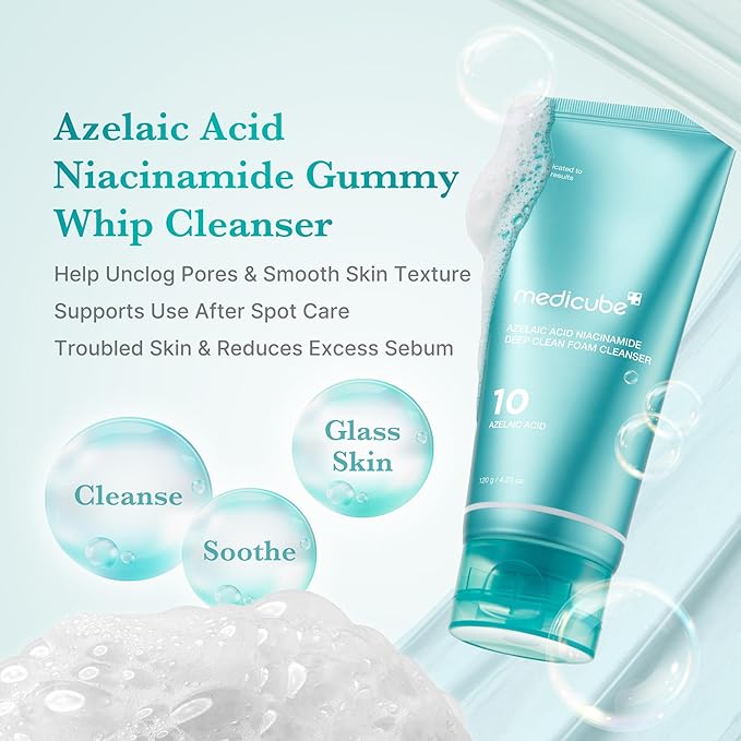 medicube Azelaic Acid Gummy Whip Cleanser | Cleansing Foam For Troubled Skin | Use After Spot Care & Excess Sebum Control | Niacinamide, Glycerin | Soothing, Pore Cleansing Face Wash | Korean Skincare