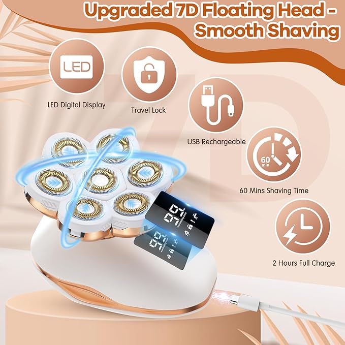 Electric Razor for Women, 7D Facial Hair Removal, 5-in-1 Wet/Dry Bikini Trimmer, Electric Shaver for Women, Rechargeable Face Shaver for Arms Legs Armpit Pubic Area, Painless Womens Grooming Kit