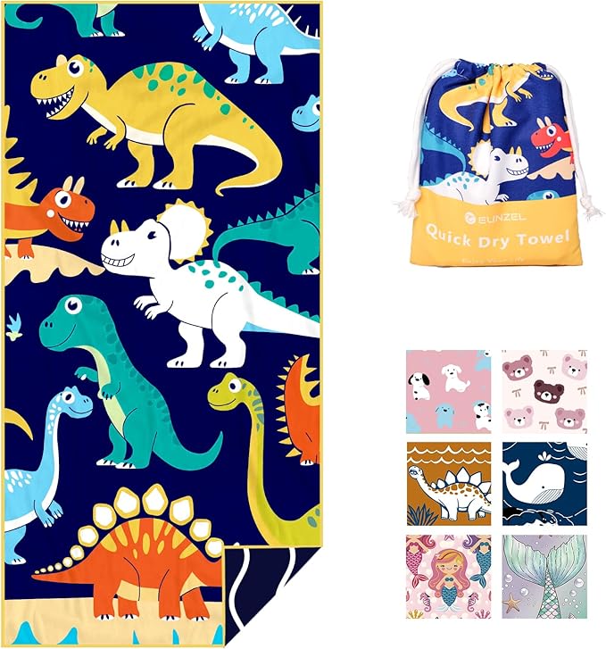 Eunzel Microfiber Kids Beach Towel, Quick Dry Towels for Girls & Boys Sand Free Travel Towel for Beach, Camping, Swim Pool 60"x30"，Colorful Dinosaur