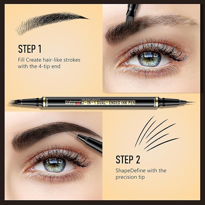 Waterproof Eyebrow Pencil with 4 Tip Microblading Pen and Dual-ended Brush, for Natural-Looking Brows, Long-Lasting, Black Brown