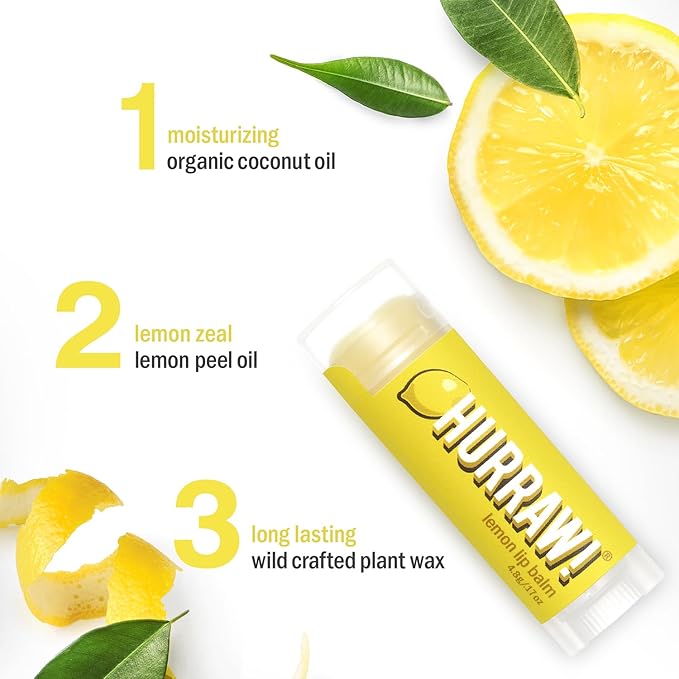Hurraw! Lemon Lip Balm, 3 Pack: Organic, Certified Vegan, Cruelty and Gluten Free. Non-GMO, 100% Natural Ingredients. Bee, Shea, Soy and Palm Free. Made in USA