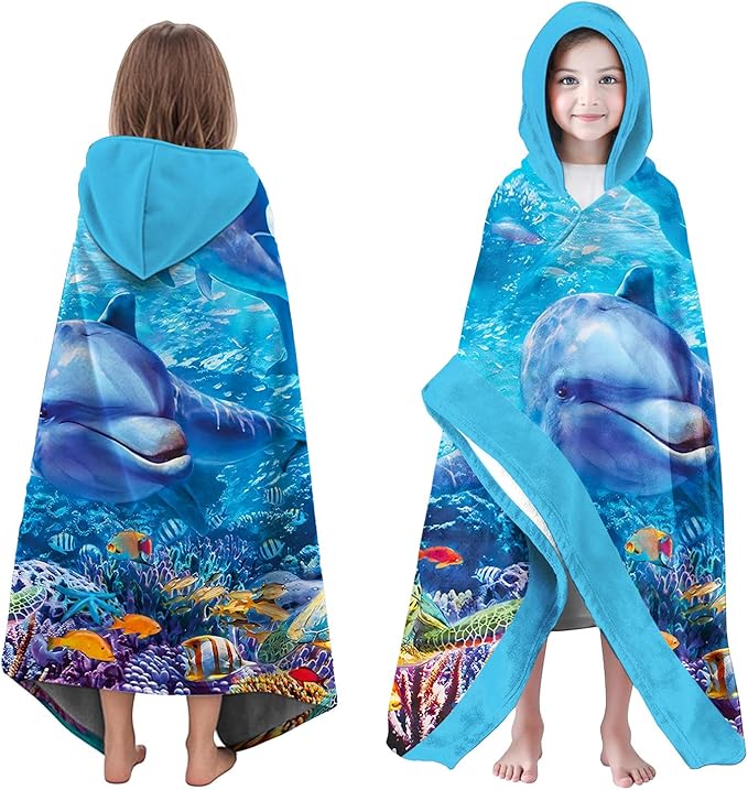 Dolphin Hooded Beach Towel for Boy, 35" x 60" Turtles & Coral Kids Poncho Bath Towel for Toddler, Bright Blue Soft Absorbent with Hood for 3-10 Years Bathrobe for Swimming Pool Bath
