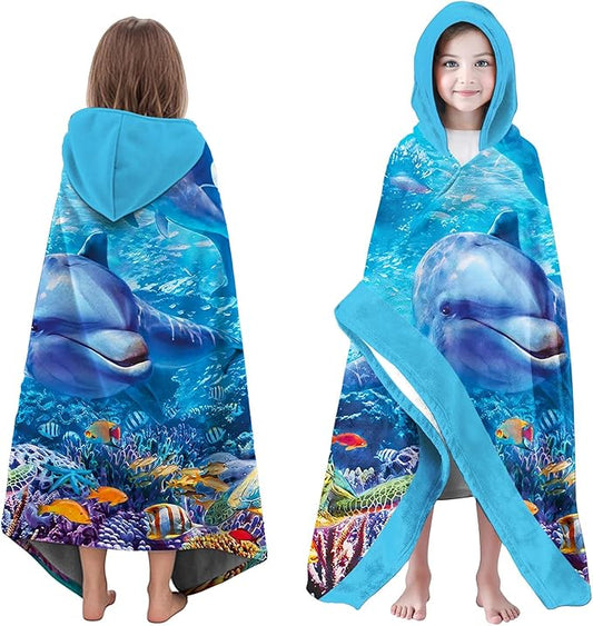 Dolphin Hooded Beach Towel for Boy, 35" x 60" Turtles & Coral Kids Poncho Bath Towel for Toddler, Bright Blue Soft Absorbent with Hood for 3-10 Years Bathrobe for Swimming Pool Bath