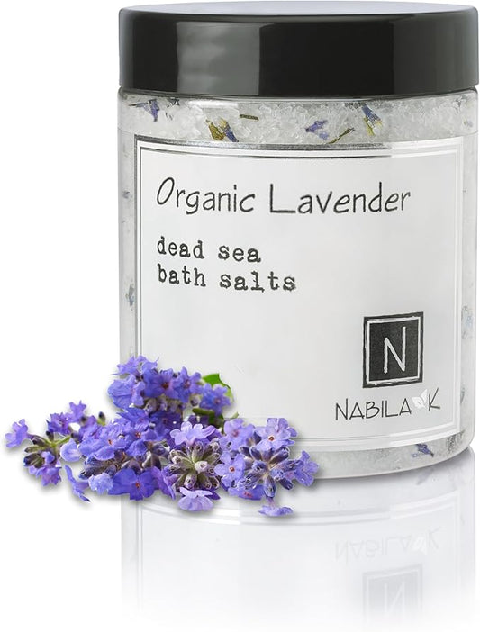 Organic Lavender Bath Salts by Nabila K - Dead Sea Salt & Epsom Salt Scrub & Soak - Exfoliates & Hydrates Skin, Botanical Essential Oils - Bubble Bath Accessories for All Skins Types, 8 oz