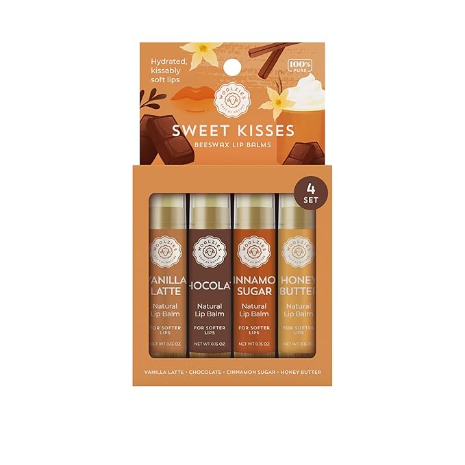 Lip Balm Set: All-Natural Shea Butter, Beeswax, Coconut Oil, Vitamin E Infused Lip Moisturizer Care (4 Pack, Sweet Kisses)