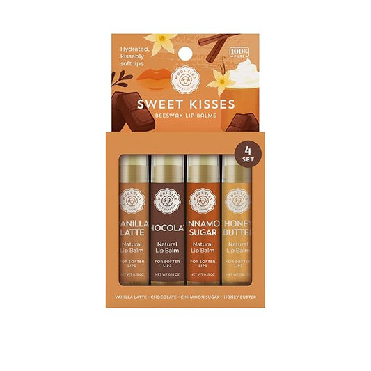 Lip Balm Set: All-Natural Shea Butter, Beeswax, Coconut Oil, Vitamin E Infused Lip Moisturizer Care (4 Pack, Sweet Kisses)