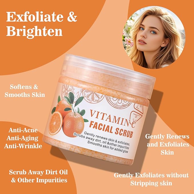Vitamin C Face Scrub, Deep Cleansing Exfoliating Face Wash Scrubs for Women Men, Facial Exfoliating Scrub, Anti Aging, Anti Oxidant Facial Scrubs for All Skin Types