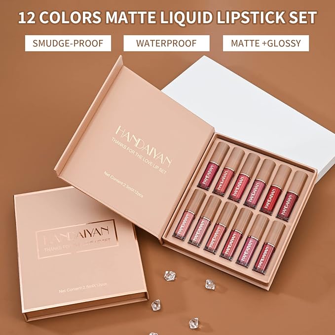 12 Colors Book Style Velvet Matte Liquid Lipstick Christmas Gift Set Long-Lasting Non-Stick Cup Not Fade Shimmer Nude Lip Gloss Thanks For the Love Lip Set (Set B)