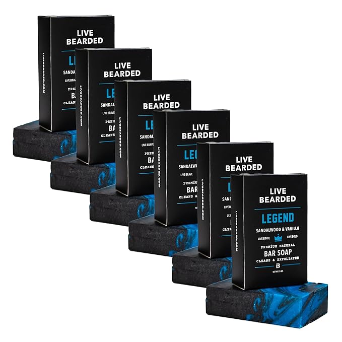 Live Bearded All-Natural Bar Soap for Men, 6-Pack of 5 oz - Made in the USA - Exfoliates and Moisturizes - Charcoal, Pumice, Shea Butter | Legend Scent - Sandalwood, Vanilla