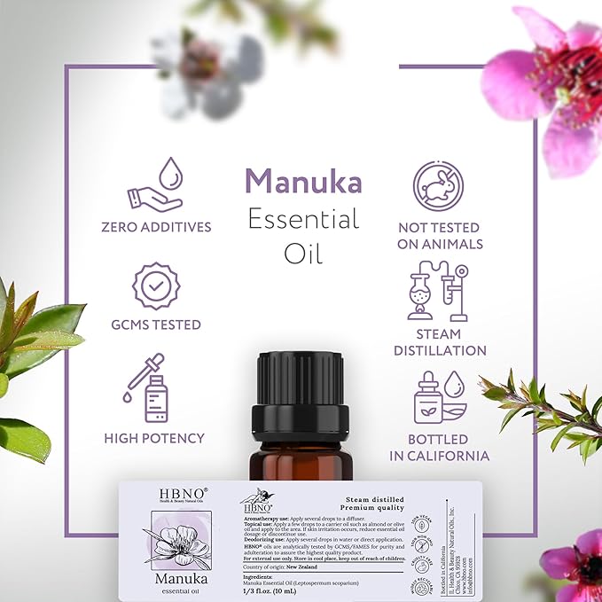 HBNO Manuka Essential Oil - 1/3 oz (10 ml) Travel Size - Natural Manuka Oil - Perfect for Cleaning, Aromatherapy, DIY, Soap and Diffuser