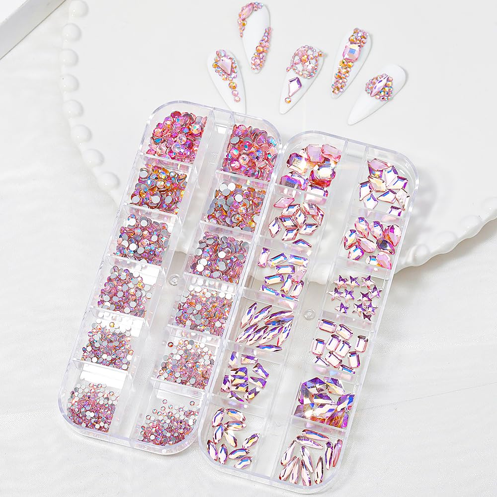 HNUIX Nail Rhinestones - 1600pcs 3D Multi Shape Size Crystal, Pink AB Nail Gems, Flat Back, with Kit, for Nail Art, DIY Decorations