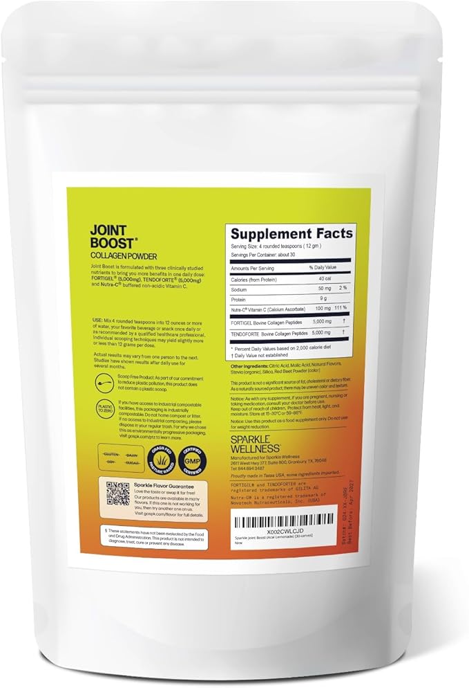 Sparkle Wellness FORTIGEL & TENDOFORTE Collagen Peptides | Collagen with Calcium Ascorbate Vitamin C to Support Joint Mobility, Tendon & Ligament Health | Joint Boost (Acai Lemonade) [30-Serves]