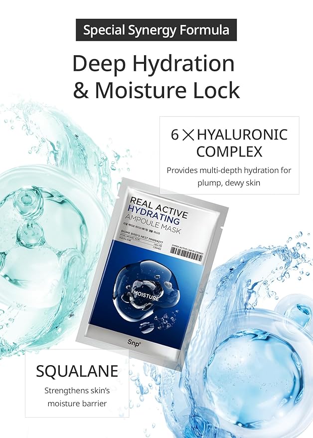 SNP Real Active Hydrating Ampoule Sheet Mask | Moisturizing and Nourishing for All Skin Types | Vegan Sheet Masks with Hyaluronic Acid | Korean Face Masks Skincare | Facial Mask | 10 Sheets