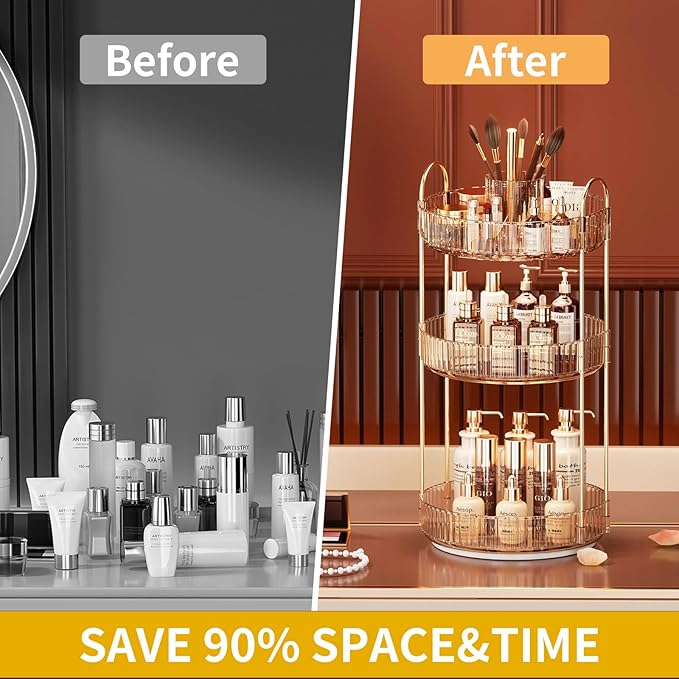360° Rotating Makeup Organizer, Large-Capacity Skincare Make Up Storage 3 Tier Perfume Organizers Cosmetic Dresser Organizer with Makeup Brush Holder, Fits Bedroom, Bathroom, Vanity Shelf Countertop