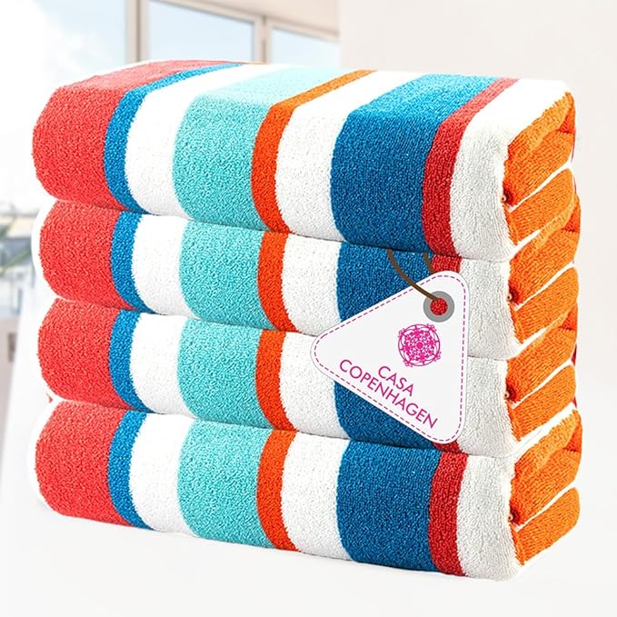 CASA COPENHAGEN Bora Bora Beach Towels Designed in Denmark Rough and Tough, Quick Dry, for Pool, Bath & Shower 30x60 inches 4 Pieces Cotton Beach Bath Towels Set - Turquoise
