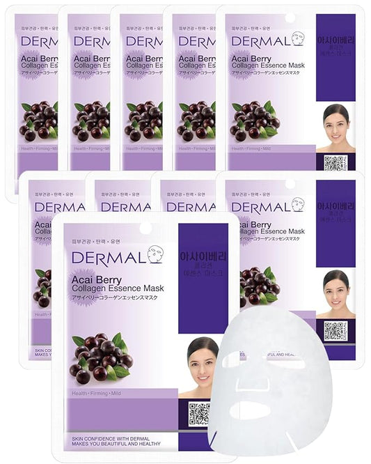 DERMAL Acai Berry Collagen Essence Facial Mask Sheet 23g Pack of 10 - Moisturizing & Firming Keeps Skin Healthy and Clean, Daily Skin Treatment Solution Sheet Mask
