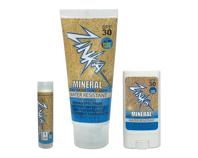 Zinka Sunscreen Personal Pack - Mineral Zinc Oxide for Face, Body, and Lips - Reef Safe and Water Resistant (Lotion SPF 30, Face Stick SPF 30, and Lip Balm SPF 15) - No Chemicals
