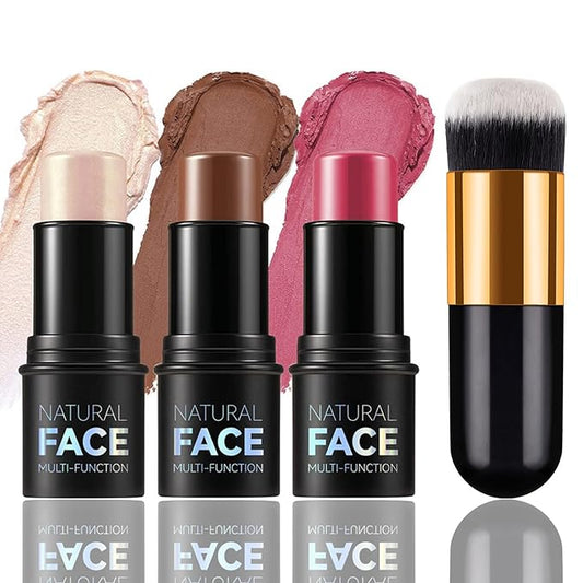 3pcs Face Contour Stick Makeup Set, Highlighter Stick Blush Stick Cream Contour Kit with Brush, Contouring Stick for Fair Skin, Concealer Makeup Stick Gift for Beginner Women Teen Girls