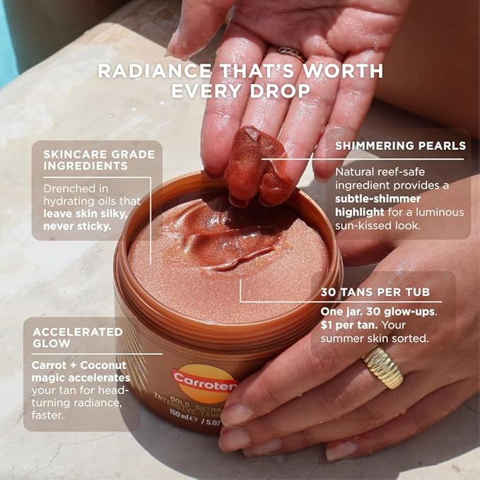 Carroten Gold Shimmer Intensive Tanning Gel | Browning Tan Accelerator | Non-Greasy, Water-Resistant with Carrot and Coconut Oil | Vitamin A & E For Moisture & Hydration | 5 Fl Oz + Spatula