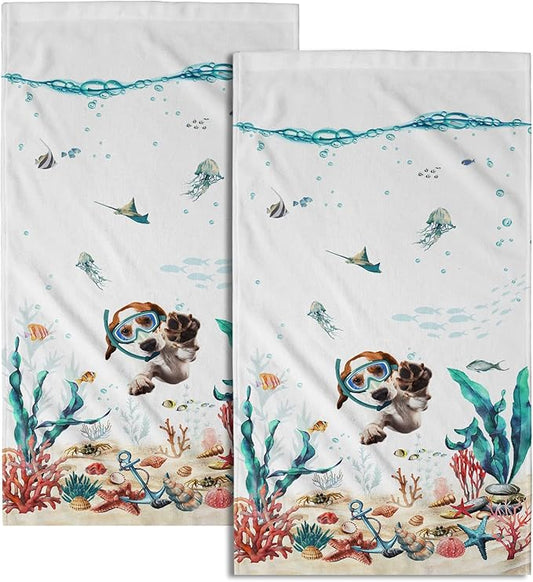 Giwawa Funny Dog Hand Towels Set of 2 Teal Blue Sea Ocean Small Bath Towels Soft Absorbent Decorative Towels for Kitchen Dish Spa Yoga Guest
