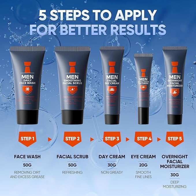 Mens Skincare Set, Valentines Day Gifts for Him, 5Pcs Mens Facial Care Kit - Facial Cleanser, Facial Scrub, Day Cream, Eye Cream and Overnight Moisturizer, Travel Size Mens Skincare Gift Set