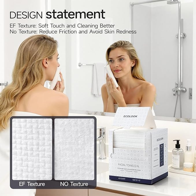 ECOLOOK Disposable Face Towel XL-60 Count Upgraded Thick Facial Towels, Ultra Soft Clean Face Towels Disposable, 10"x12" & 90 GSM, Ideal for Sensitive Skin-1 PACK