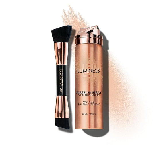 LUMINESS Silk Airbrush Spray Foundation & Buffing Brush Kit – Full Coverage Foundation & Dual-Sided Buffing Brush - Buildable Coverage, Anti-Aging Formula Hydrates & Moisturizes - Neutral Fair