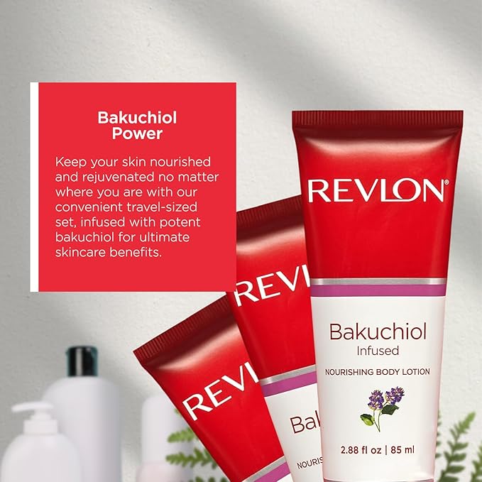REVLON Get Carried Away Trio Nourishing Travel Set, Bakuchiol Infused, Nourishing Body Wash, Body Lotion, Exfoliating Body Scrub, 3 Count (2.88 fl oz)