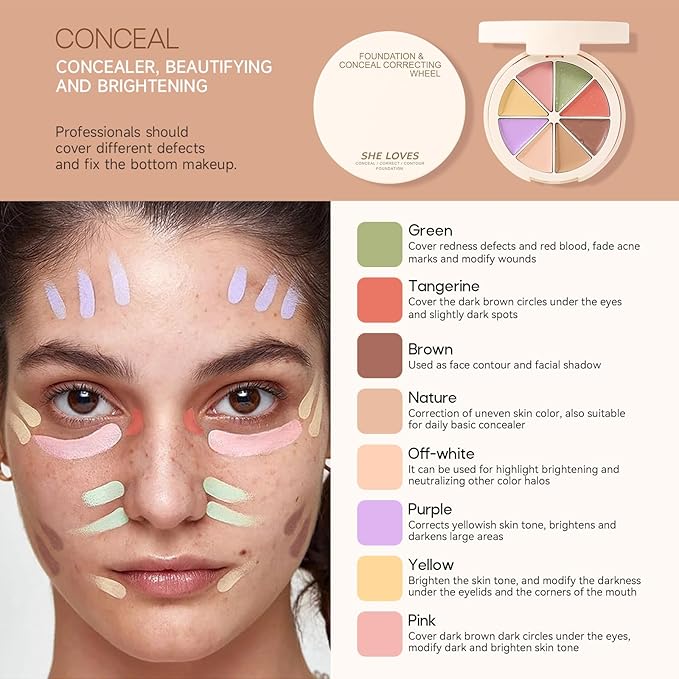 Foundation Concealer Palette with Makeup Sponges & Applicator, 11 Pcs Foundation Powder Concealers Eye shadows Blush Makeup Brushes, 2 in 1 Compact Contouring Duo Layer Plate, Pearl White
