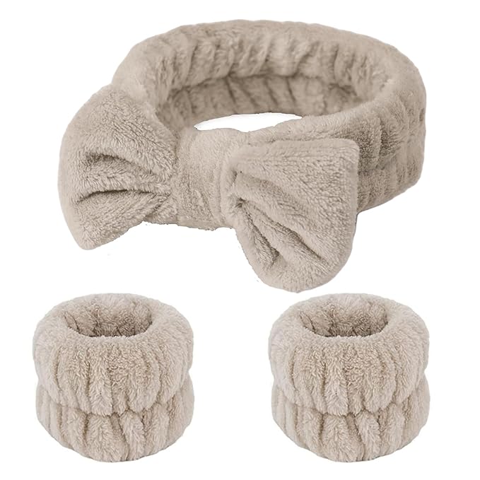 Fmeida Skincare Headband, Spa Headband and Wrist Bands for Washing Face Light Coffee