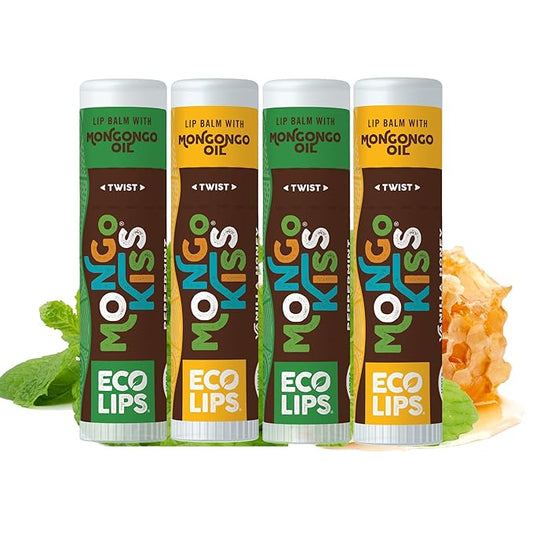 Eco Lips Mongo Kiss Organic Lip Balm 4 Pack - 100 Percent USDA Organic - Soothe, Moisturize Dry, Cracked and Chapped Lips - Made in USA (Peppermint & Vanilla Honey)