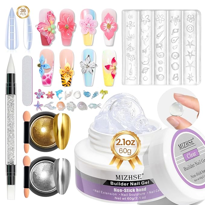 MIZHSE Solid Builder Gel for Nails, Clear 60g 3D Sculpting Gel for Nail Art Non-Sticky Molding Hard Gels UV LED Nail Charm with Gold Chrome Nail Powder and 3D Silicone Flower Mold Kit for DIY Salon