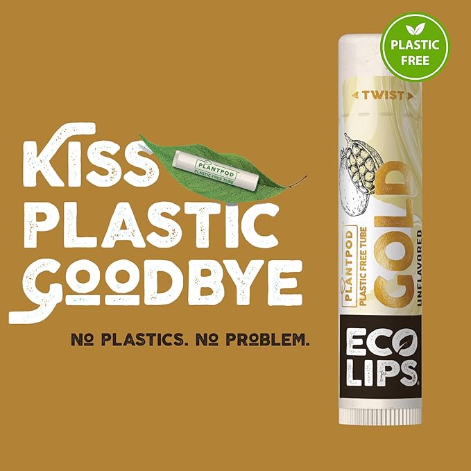 Eco Lips GOLD Organic Lip Balm with Baobab Oil - Soothe and Moisturize Dry, Cracked and Chapped Lips - 100% Plastic-Free Plant Pod Packaging (6 Tubes)