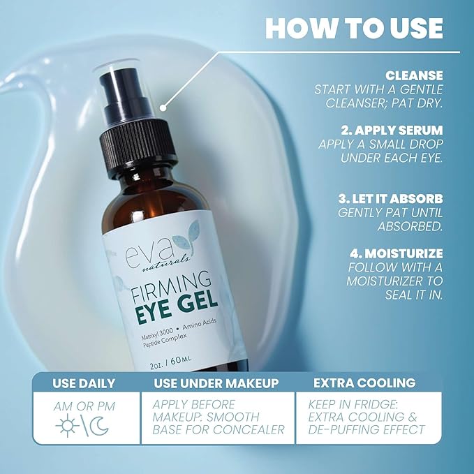Eva Naturals Eye Gel for Dark Circles, Bags & Puffiness – Anti-Aging Serum with Peptides, Hyaluronic Acid & Botanicals – Firming Under Eye Treatment for Wrinkles, Fine Lines & Tired Skin – 2 oz