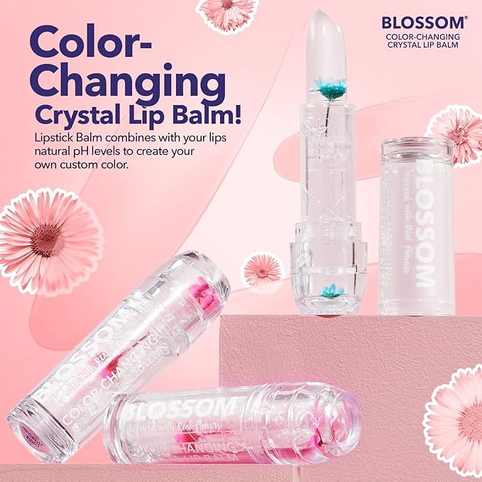 Blossom Moisturizing Custom Color Changing Crystal Lip Balm, Strawberry Scented, Lip Stain Tint, Infused with Real Flowers, 3g, Turquoise
