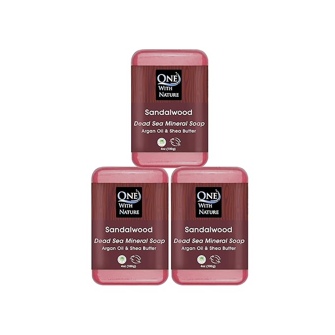 One With Nature Dead Sea Salt Sandalwood Soap 4oz 3-Pack – Purifying and Exfoliating Soap Bar with Dead Sea Minerals and Sandalwood for Face & Body, for Men & Women