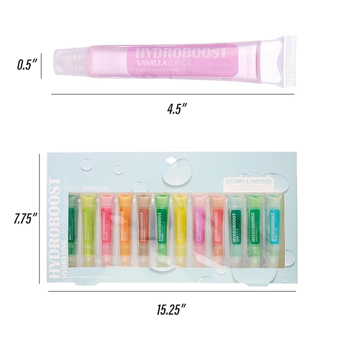 Expressions 12pc Lip Oil Set - Flavored Lip Oils Value Pack, Hydrating Lip Oils w/Squeeze Tube Application, Moisturizing Lip Oil Collection for Everyday Lip Care and Lip Repair (HYDROBOOST)