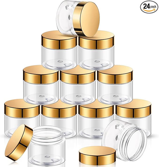 SATINIOR 24 Pieces Empty Clear Plastic Jars with Lids Round Storage Containers Wide Mouth for Beauty Product Cosmetic Cream Lotion Liquid Butter Craft and Food(Gold Lid,6 oz)