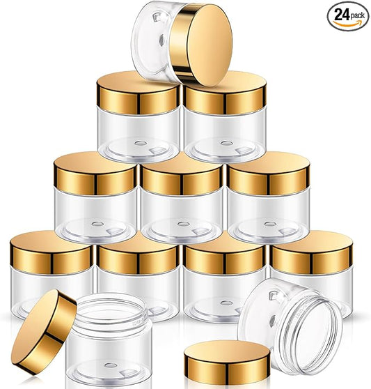 SATINIOR 24 Pieces Empty Clear Plastic Jars with Lids Round Storage Containers Wide Mouth for Beauty Product Cosmetic Cream Lotion Liquid Butter Craft and Food(Gold Lid,6 oz)
