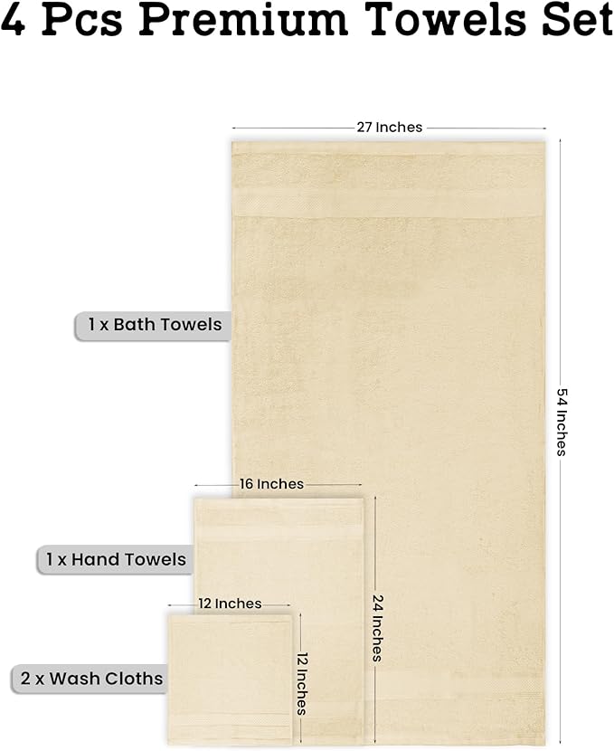Casa Lino 100% Cotton Bath Towels Set of 4 (1 Bath Towel, 1 Hand Towel & 2 Wash Cloths) - Bathroom Towels and Washcloths Set - Complete Bathroom Set - Guest Room Essentials - (Linen Brown)
