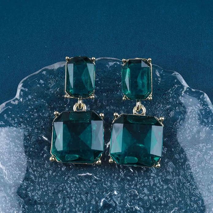 Vintage Emerald Square Earrings Green Emerald Drop Earrings Geometric Emerald Earrings Luxury Wedding Green Crystal Stud Earrings Jewelry for Women